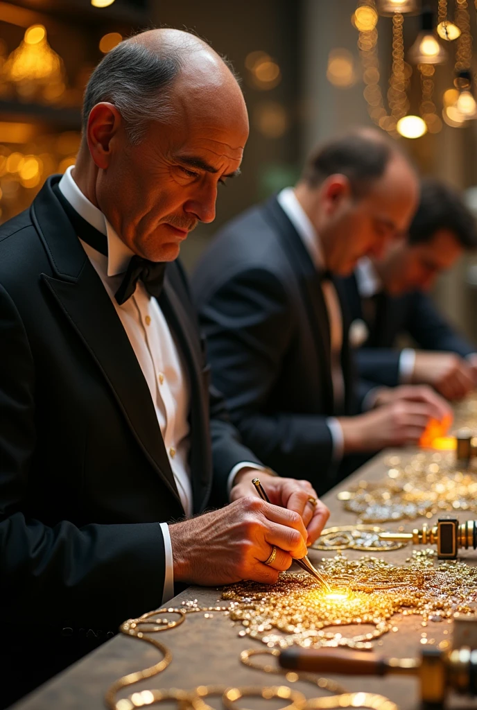 Images of jewelers working with metals and stones while next to them there is a person in a tuxedo watching what they do