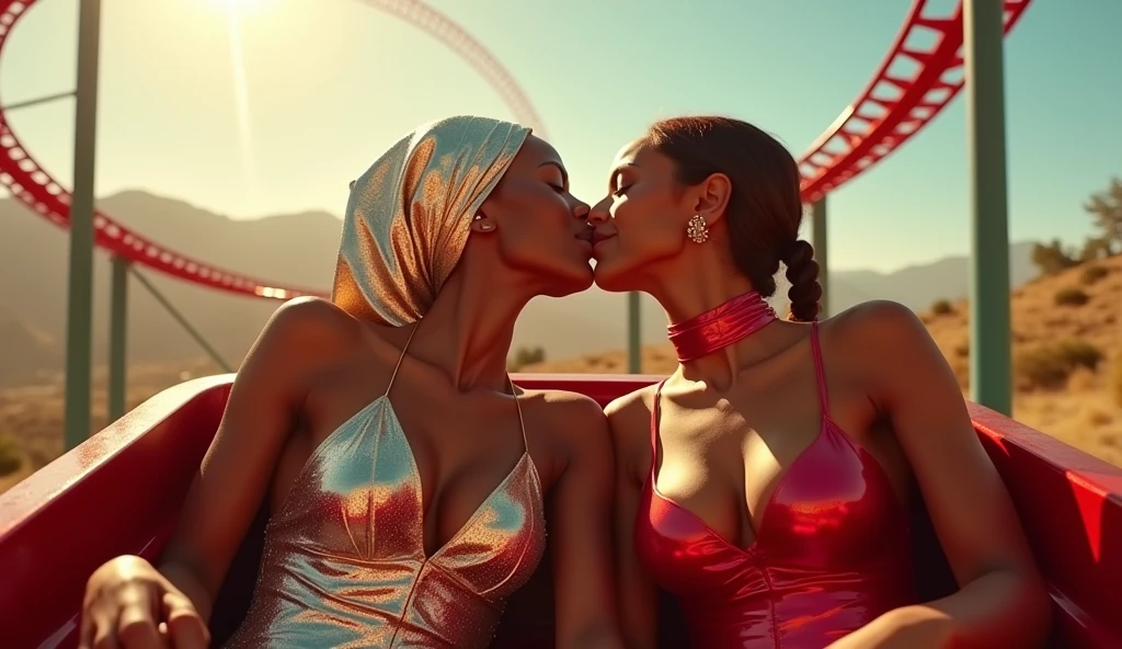 photo of two lewd sudanese jezebel joyful kissing each other in a roller coaster, roller coaster climax ride, sunny futuristic landscape, wearing a glamorous latex blouse with mirroring reflective headscarf and liquid-lacquered leggings, uploaded to instagram