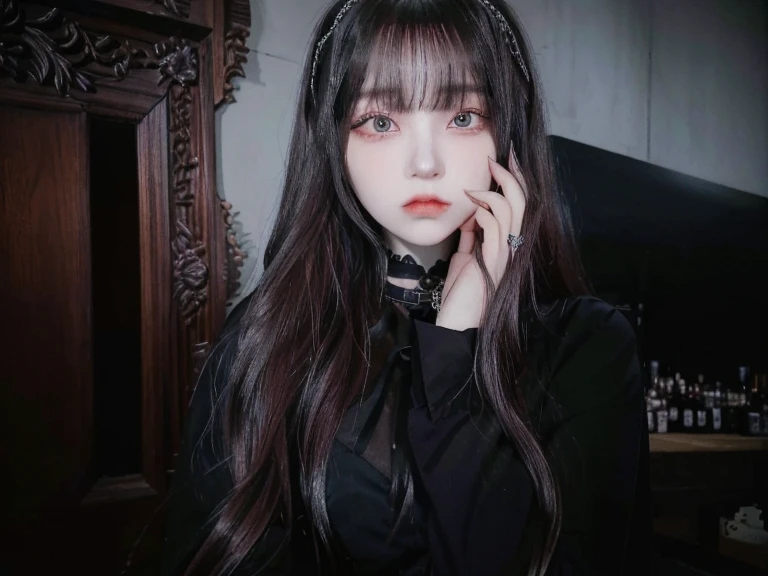 There is a woman with long hair posing for a photo., cruel korean gothic girl, 1 7 - year - old anime gothic girl, with long hair and piercing eyes, anime girl in real life, 1 7 - year - old gothic girl, gothic girl aesthetic, beautiful dolphin, 🤤 girl portrait, with full bangs, gothic girl, pale gothic beauty