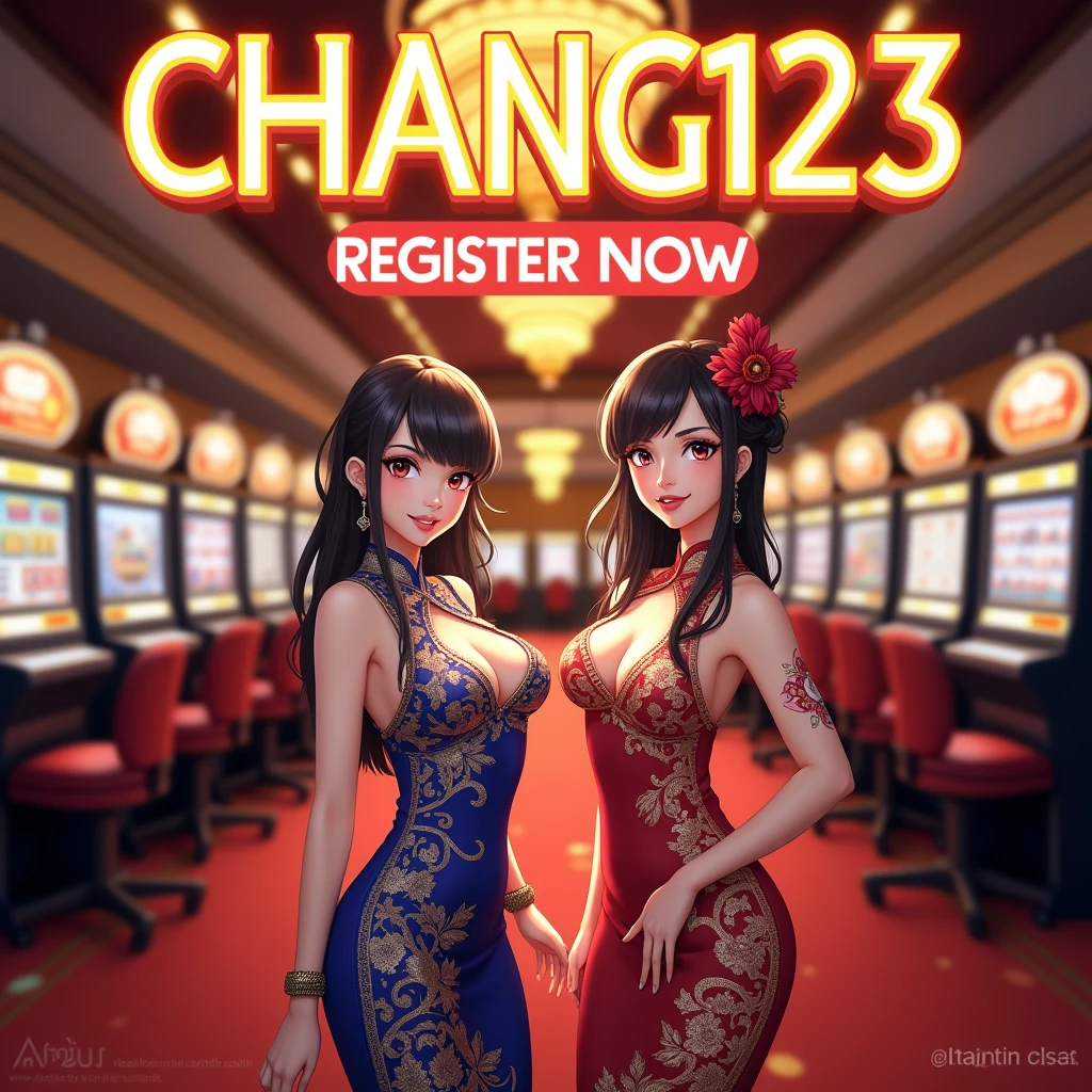 flyer that says "CHANG123 REGIST NOW" , flyer have two thailand sexy anime girl standing and teasing in left and right, have big breast cleavage, wearing thailand traditional dress, casino background
