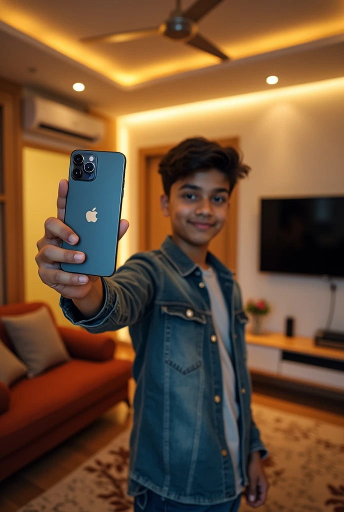 A 17 years boy of odisha inside his morden house taking selfie with iphone 15 pro max i phone logo is clear and contains 3 cameras like real iPhone contains background is like a rich people contains luxury things like ac tv wifi etc and design things