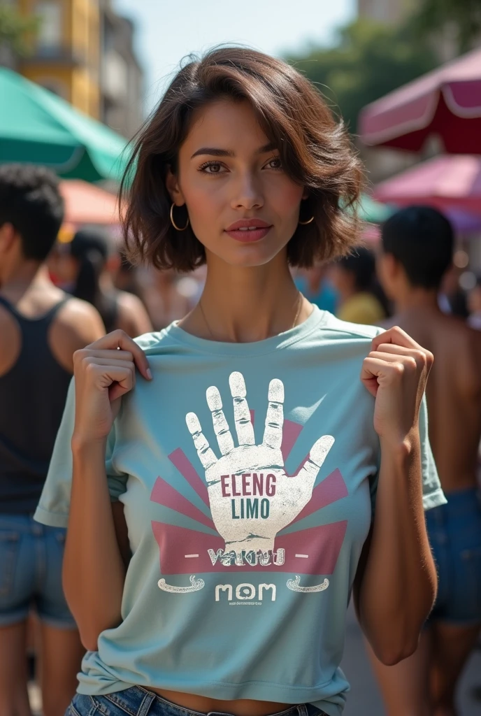 A woman, wearing a t-shirt with a strong vector design featuring a silhouetted image of a five-fingered palm in white colour with love and light. The phrase "ELENG LIMO WAKTU" is displayed in bold, distressed typography with pastel colours, while holding her t-shirt, short wavy hair, in a public place, surrounded by many men, big and sexy breasts, jav idol, with a frontal shooting angle, very realistic, (complex detail: 0.9), (hdr, hyperdetail: 1.2), RAW, Sony Alpha a9 II, 24-105mm f/4, HDR,