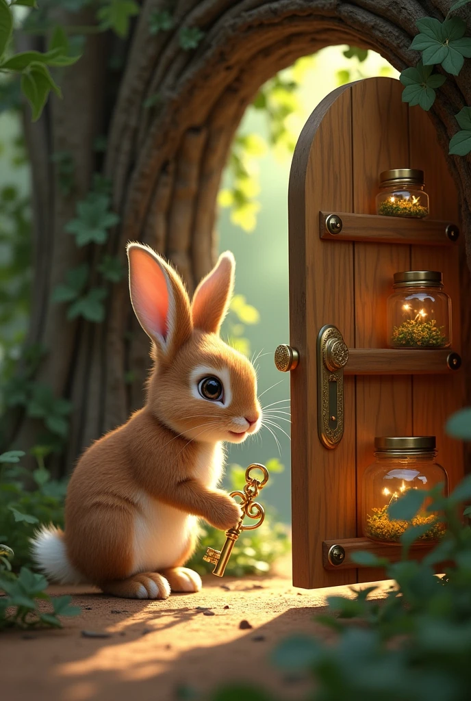 Scene 6:
Unlocking the Door
Setting: Close-up of Clover inserting the golden key into the tiny lock.
Action: Clover(brown rabbit) turns the key, and the door creaks open to reveal a cozy room inside the tree.