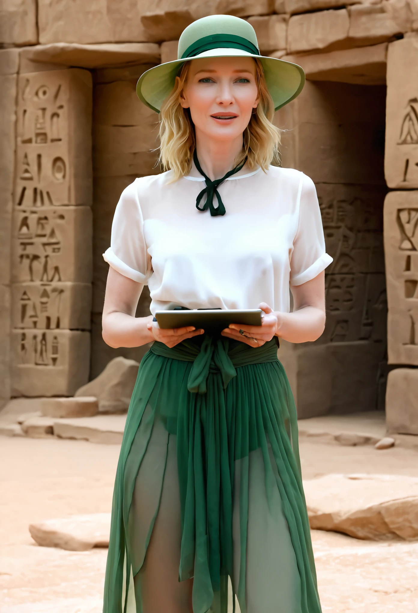(sag)Cate Blanchett, age 25, age 25, British Expedition hat, Sheer white top tied above belly, Sheer green dress, no underwear, holding a tablet, desert ruins with hieroglyphs,