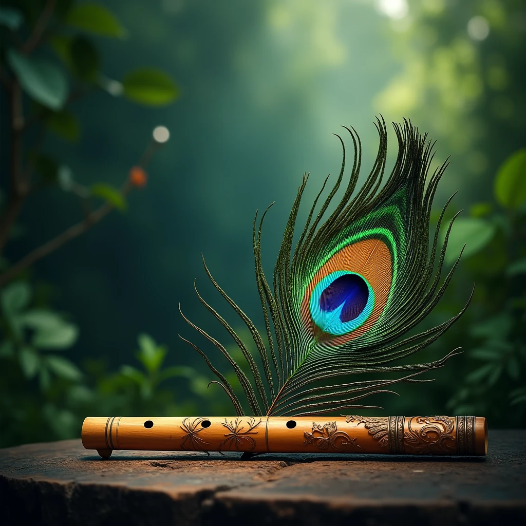 peacock feather with bansuri