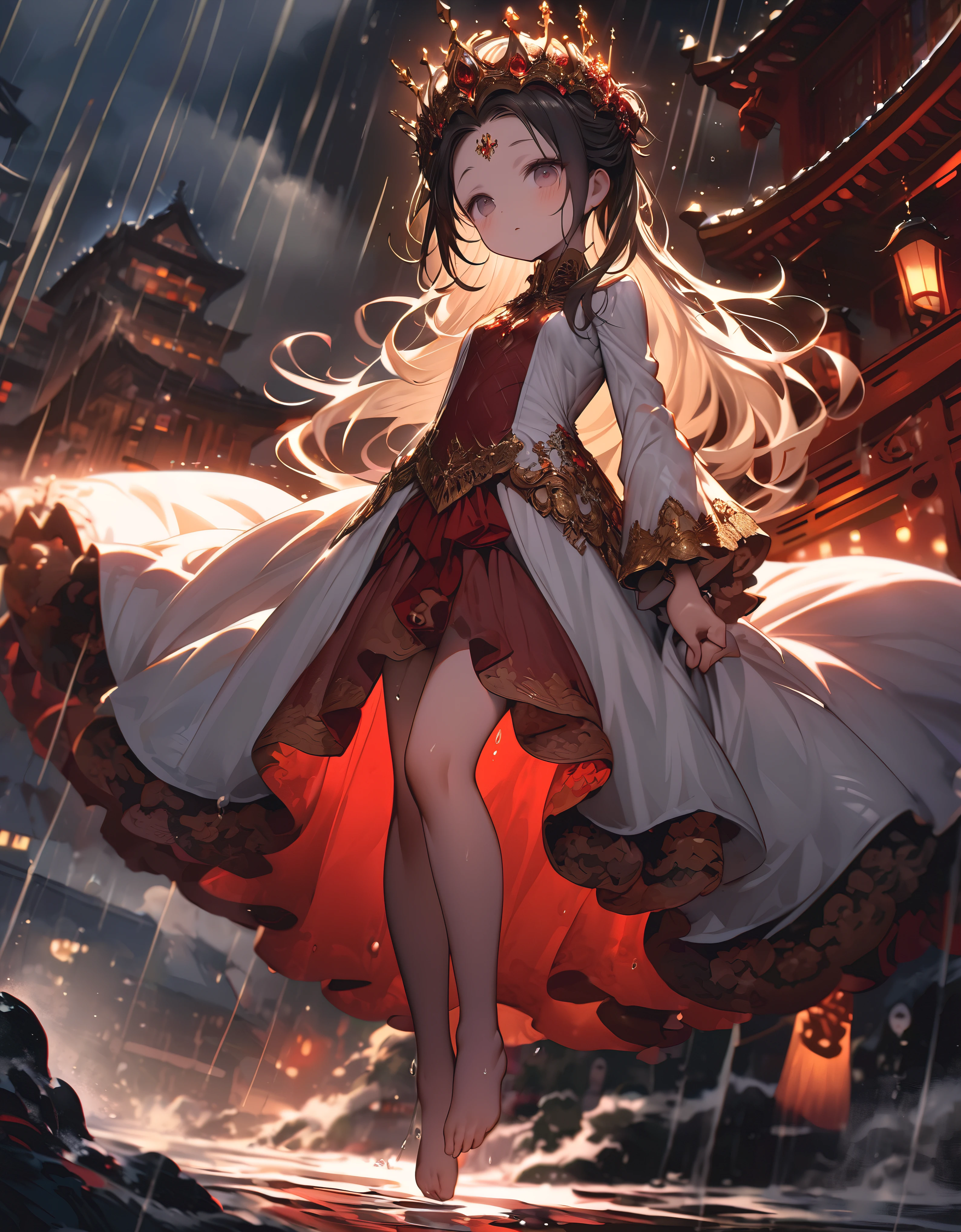 (full body), (solo), (A :1.2), (very young little girl), , (Solo), (small breast), (wide angle), raw photo, Aesthetic, Convoluted, Awarded, chiaroscuro, Best Quality, Detailed background, (Misty atmosphere:1.2), (hard rainy day:1.1),((Girl in very long costumes of shrine witches:1.2)), detailxl, Girls wearing sacred costumes of shrine witches perform ancient divine dance on cliff near shrine, Her presence is a resistance to the storm. The scene before us is both captivating and surreal. Her outfits are a testament to purity and tradition, Seemingly beyond the chaos of the storm. The white kimono is soaked,cling tightly to her body, its fabric becomes almost translucent in floodwaters, Revealing her inner indomitable spirit. So did she, Gorgeous red tapestry, now dark due to heavy rain, With every elegant step, Every wrinkle and crease silently bears witness to the solemnity of the night. Despite the bad weather, Her bare feet still dance gracefully, Unforgettable and beautiful, Every tiny movement leaves a pious pattern on the damp stone. Hair styled casually from behind、hanging down defiantly, Occasionally put it on her cheeks and forehead, Give her an extraordinary temperament. White sandalwood paper, Originally used to tie hair, Surrender to the wind and rain, Let them float freely in the wind, Like participating in a sacred dance. The golden crown and hairpin on her head symbolize the person she admires, shine in lightning. Their presence silently announced the seriousness of her performance. Her Kagura dance is a spectacle of devotion and grace, Silent prayers become visible. Her every move, From the gentle swing of your arms to the precise steps of your bare feet, Weaving an invisible tapestry in the air, Sing to the gods amidst the din of the storm. Kagura bells are arranged in a seven-five-three arrangement, The crisp sound penetrated the sound of rain, Be a beacon of tranquility in the hustle and bustle. Five colorful ropes decorat