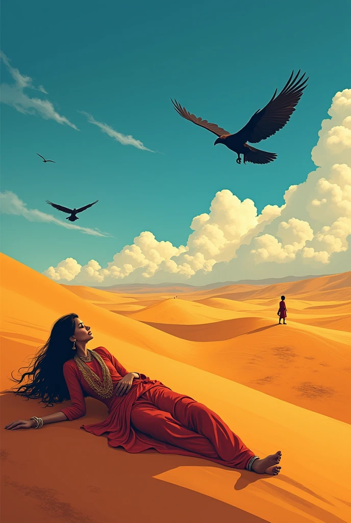 Sasi dying in the desert but his eyes waiting for her beloved Punoo. Vulture are waiting to eat her after dying. Sasi was a female and Punoo was her beloved. It is a folk tale from the Pakistan. Please draw image of female at the distance on the up side. It should be seen too much far. No no mean at down side. One more image with outstanding colour combination. Can we show the image near the clouds?