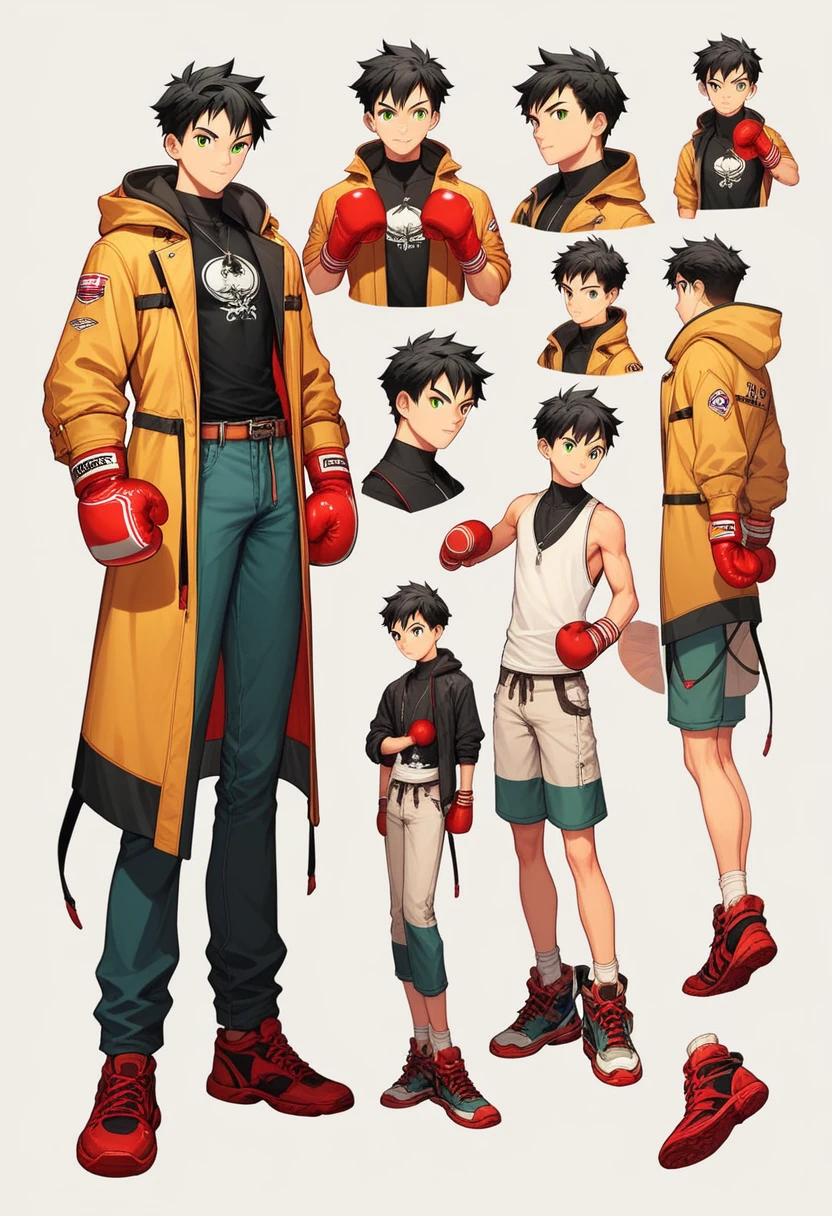 (manga style,concept art),young man with black hair,hood coat down,green pupils,red boxing gloves , poses , Full body 