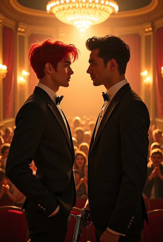 General an image of a theater where there are two young people, One with red hair and green eyes looking at the other young man with black hair and blue eyes looking at him with longing, while in the background the public is applauding, and these two young men with red hair point at the other with a knife while the one with black hair with a gun, the one with black hair is taller than the one with red hair , The black-haired one doesn't have a beard, The black-haired one looks at the red-haired one with a smile and the black-haired one is taller.