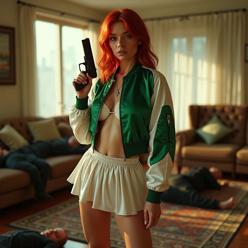 wide depth of field, wide depth of focus, f/11 lens setting, all objects in focus, living room background, full body image, green and white short cropped soft shiny satin bomber jacket,  zipped up jacket, pleated shiny satin mini skirt, redhead woman posing with a pistol ,，almost perfect, pure form, intricate details, 8K post-production, high resolution, super detailed, Popular topics on Artstation,, Studio photos, intricate details, Very detailed, several unconscious men lay on the floor in the background