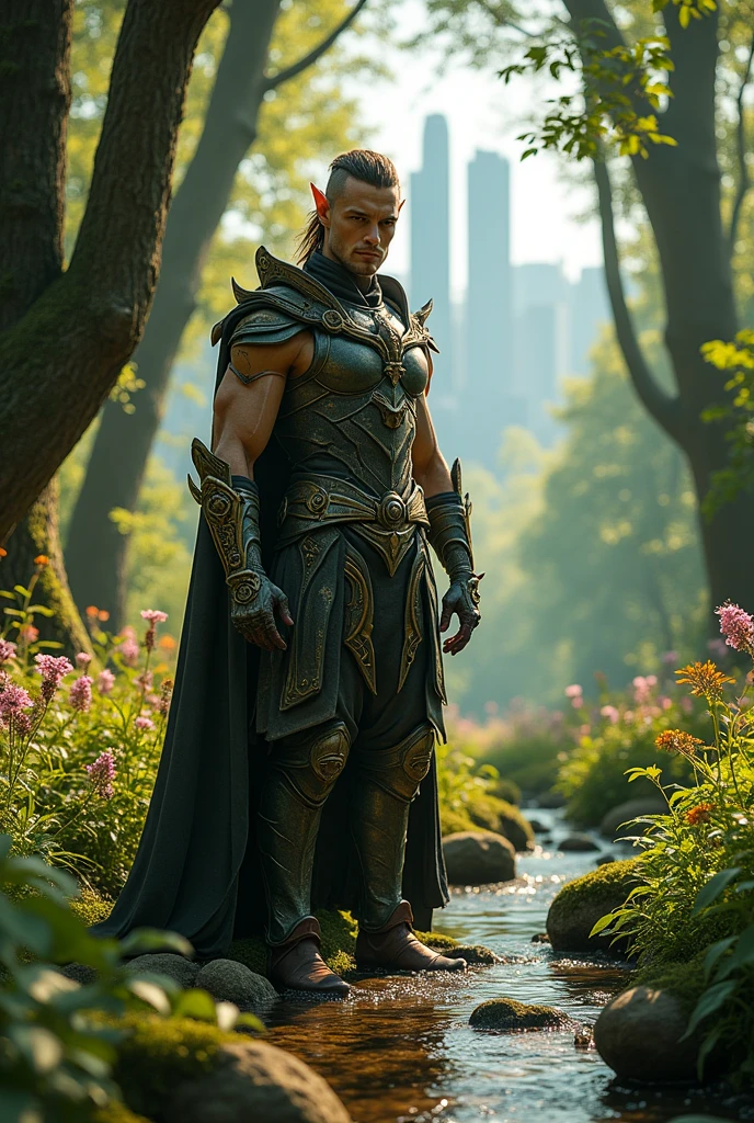 Here's an illustration of an elf in nature with a bit of city masculine