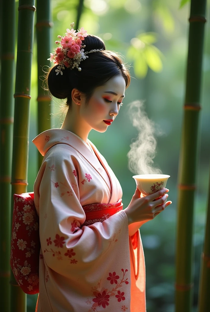 A geisha contemplating a bamboo forest with a cup of hot tea.