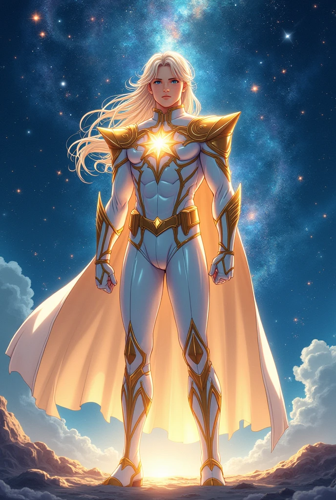 Starman hero, in white & gold colors,long hair, long cape. (Anime style)