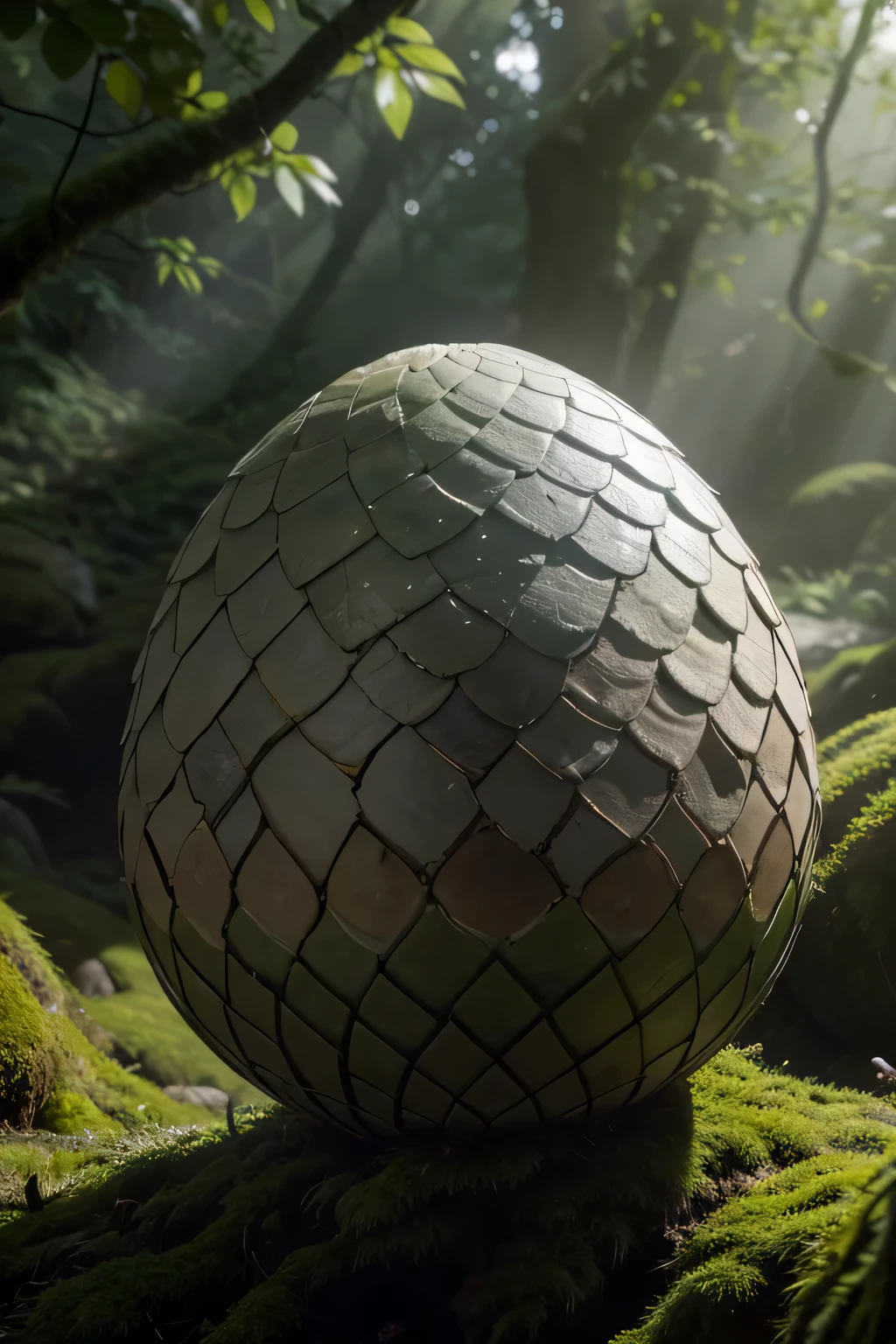 /imagine prompt: A photograph of a dragon egg, scaly texture, cracks appearing. The egg is in a nest of rocks and moss, illuminated by soft light filtering through the leaves above. The background is a dense forest with a soft mist among the trees. Realistic lighting and shadow details, macro photography, focus on the egg shell details, detailed shadows, sense of mystery and anticipation --ar 4:5 --v 6.0