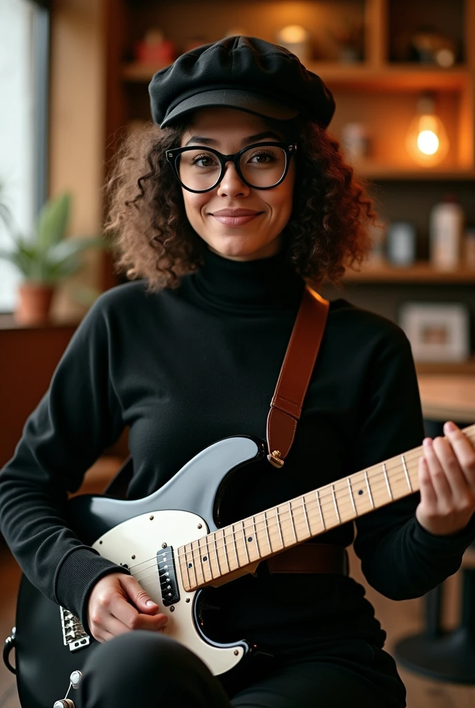 woman wearing black square glasses, wearing a black cap and a black turtleneck, with curly hair tied up and playing a black and white guitar.