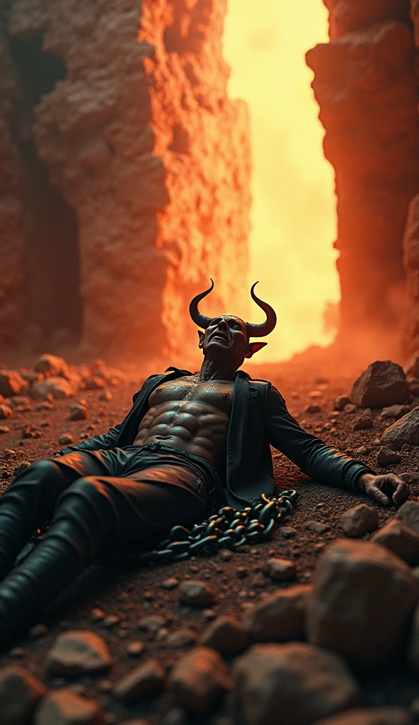 "A powerful and symbolic scene showing the devil defeated. The devil is in a subjugated position, defeated and fallen, with an expression of frustration and defeat. The surrounding scenery is dramatic and intense, with a combination of dark colors and extinguished flames to emphasize the end of its power. There may be symbols of your defeat, like chains, ruins or signs that its influence has been broken. No fundo, there may be a radiant light or glow that symbolizes the victory of good over evil. The image should convey a sense of triumph and resolution., highlighting the definitive defeat of the devil."