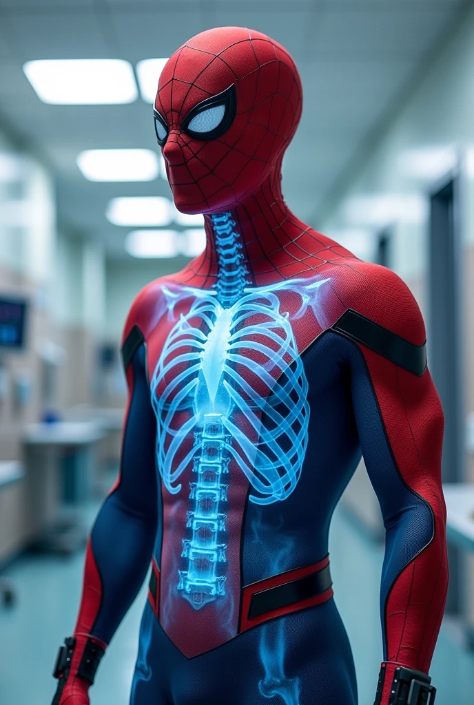 Spiderman, upper body shown in front view, with left half of his body shown as Xray image, more details on the X ray image shouwing all the bones muscles and tendons of the shoulder, background in a hospital