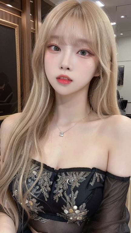 blond haired girl with a necklace and a black dress, lalisa manobal, ulzzang, pale skin curly blond hair, yanjun chengt, portrait of jossi of blackpink, with long blond hair, pale porcelain white skin, lalisa manoban of blackpink, ava max, jinyoung shin, portrait of kim petras, taejune kim jisoo from blackpink, popular south korean makeup, quality detailed ,(beautiful makeup :1.2), Wide hips, big, big ass, (best quality, 8K, masterpiece: 1.3), Clear focus: 1.2, Perfect body beauty: 1.4, strong abs, Very detailed face and skin texture. , detailed eyes, double eyelids, (long hair), having very marked curves, with greater volume in ((hips and breasts)), which makes the waist look much smaller ((wasp waist)).