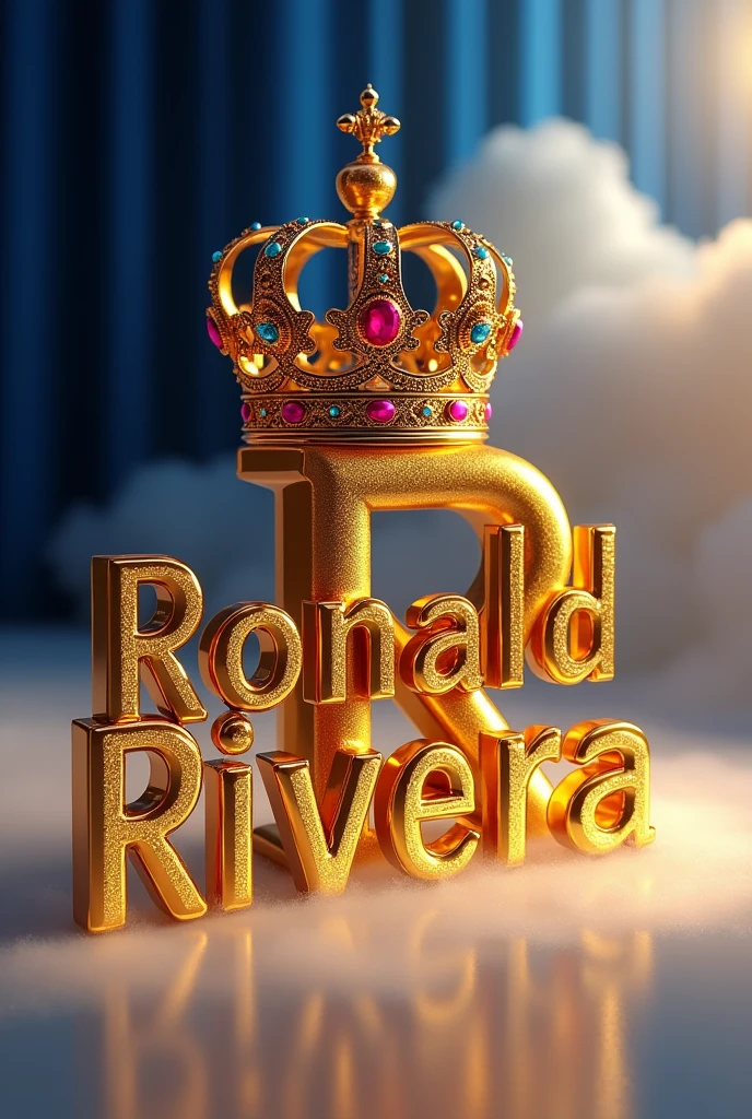 An image of my name Ronald Rivera in 3D in gold but without the R's joining together and a crown over the R
