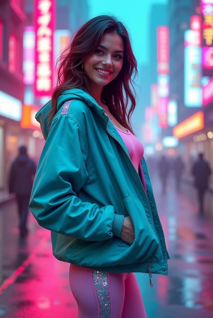 cyberpunk female woman wearing (turquoise Jacket with chromatic accents:1.1), sleek pink and White full bodysuit, side view turning to face camera, (Petal Blush, Lagoon Blue color background:1.3), amazing smile, looking at camera, neon lights 