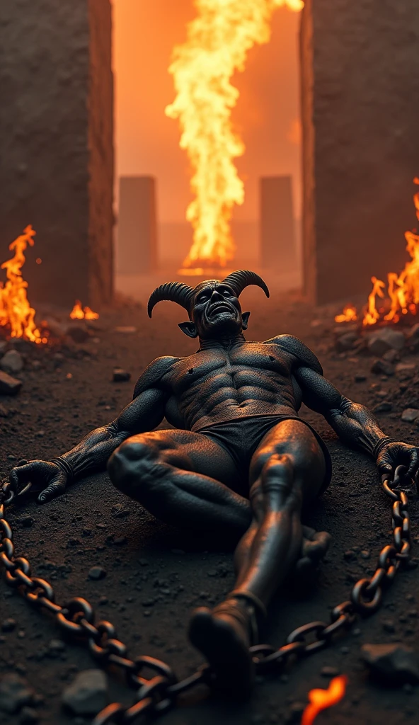 "A powerful and symbolic scene showing the devil defeated. The devil is in a subjugated position, defeated and fallen, with an expression of frustration and defeat. The surrounding scenery is dramatic and intense, with a combination of dark colors and extinguished flames to emphasize the end of its power. There may be symbols of your defeat, like chains, ruins or signs that its influence has been broken. No fundo, there may be a radiant light or glow that symbolizes the victory of good over evil. The image should convey a sense of triumph and resolution., highlighting the definitive defeat of the devil."