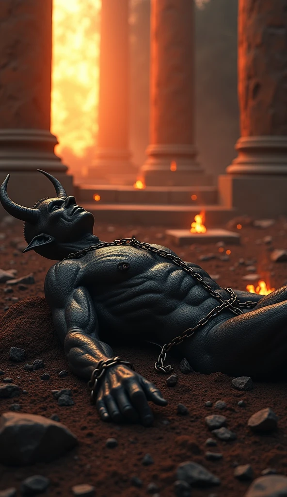 "A powerful and symbolic scene showing the devil defeated. The devil is in a subjugated position, defeated and fallen, with an expression of frustration and defeat. The surrounding scenery is dramatic and intense, with a combination of dark colors and extinguished flames to emphasize the end of its power. There may be symbols of your defeat, like chains, ruins or signs that its influence has been broken. No fundo, there may be a radiant light or glow that symbolizes the victory of good over evil. The image should convey a sense of triumph and resolution., highlighting the definitive defeat of the devil."