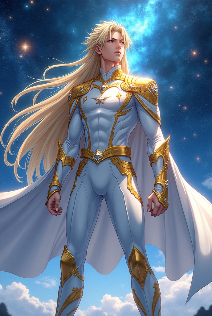 Starman hero, in white & gold colors,long hair, long cape. (Anime style)