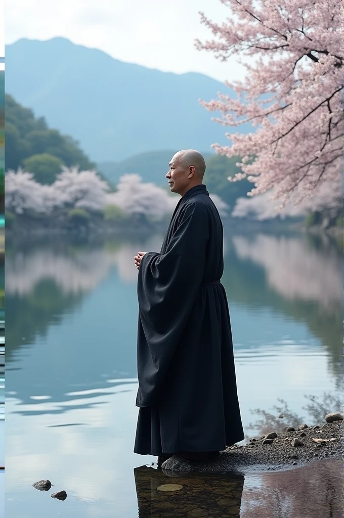 Japanese monk,black wear,beautiful lake,silent