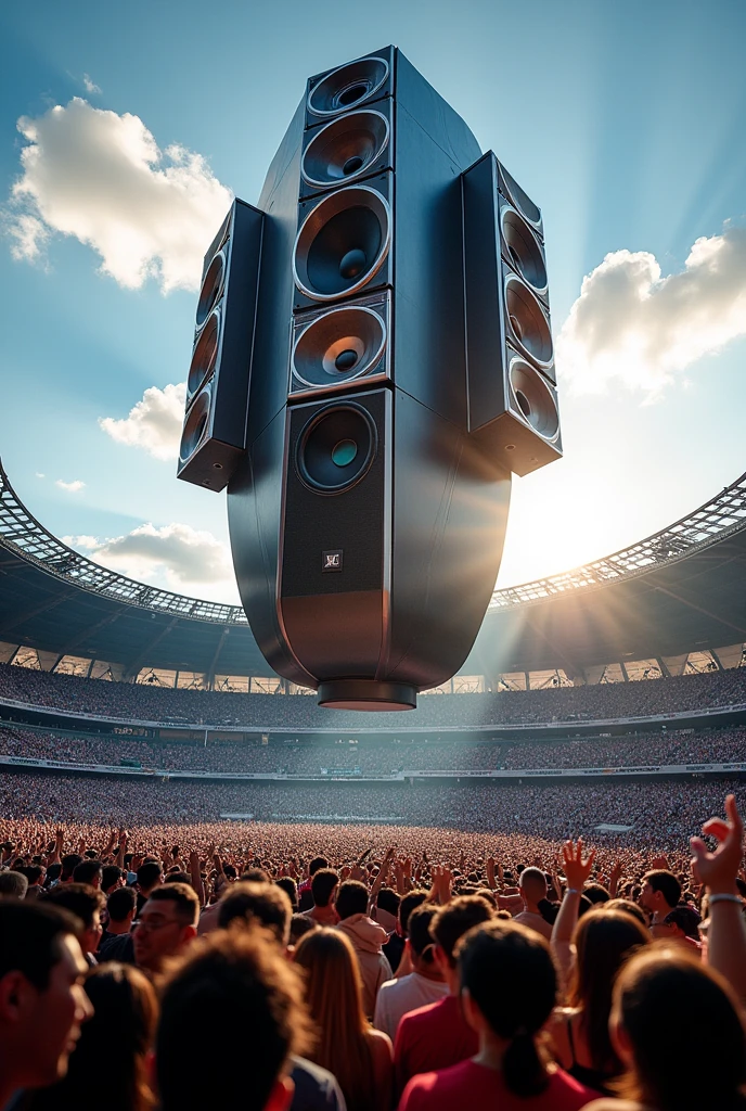 6 pieces into 1 Oval shaped stacked speakers and subwoofers system suspended in air rigged at the center of a stadium for 1000 capacity and more live music performance concert in broad day light