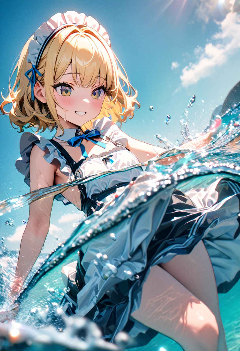 (8k, super high quality, masterpiece), (detailed), One Woman, Small breasts, Blonde, cute, Blue ribbon, エプロンdress, Maid clothes, dress, White apron, sleeve, Ocean, Bathing, Submerged in clothes, splash, The best smile, Have fun, Water splashing, Like a child, 