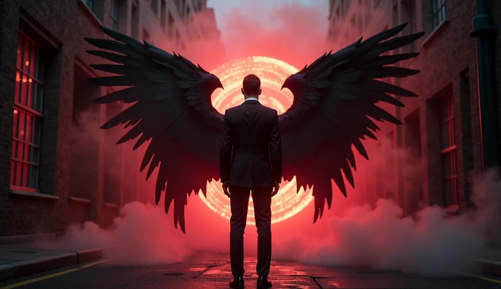 The Antichrist in a Suit, with fallen angel wings, just stepped out of the portal of hell into the world.
