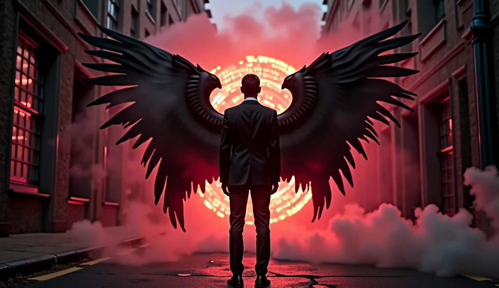 The Antichrist in a Suit, with fallen angel wings, just stepped out of the portal of hell into the world.