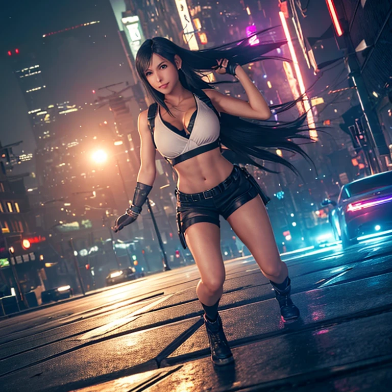  ((Master quality, 8K, masterpiece:1.3, ultra-detailed, high resolution, RAW Photos, detailed , blurry, Actual, hyper realistic, photo, HDR)), BREAK, perfect anatomical, perfect hands, perfect legs, perfect feet, detailed eyes, BREAK, One person alone, ff7r style, tifa lockhart,, beautiful face, beautiful detailed eyes, (dynamic posing ), long hair, ( Round and Stacked Breasts ), Cleavage, seductive  smile:1.5, Sweat-soaked skin, BREAK, wearing( ), , Graffiti art, BREAK, ( Random Angle, full-body, ), dynamic angle, , background(Realistic , cinematic lighting, depth of field, night , the full moon,, cyberpunk city atmosphere light particles, , )