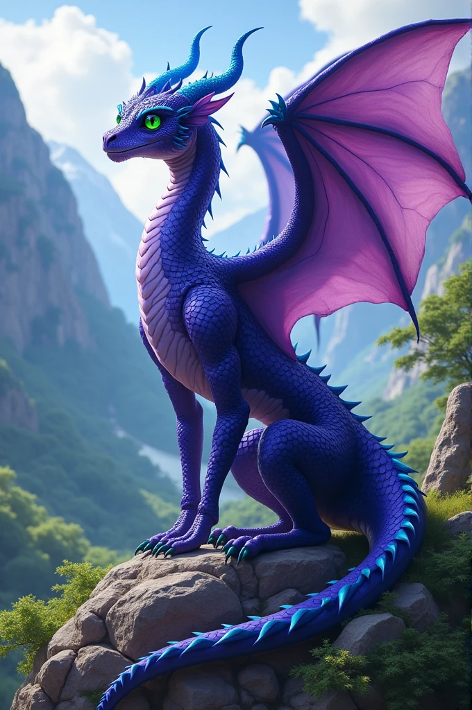 An adult purple scaled she-dragon with blue wings blue horns and emerald green eyes