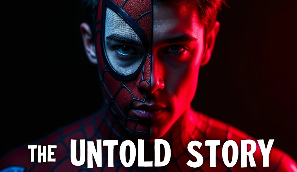 "prompt": "A YouTube thumbnail featuring a close-up of Spider-Man's face, split in half to reveal one side with the mask and the other side showing the unmasked, intense and focused face of the person behind the mask. The background is dark reds and blacks with dramatic shadows. The text 'The Untold Story' is in bold, white font with a subtle red glow, adding a sense of mystery and intrigue."