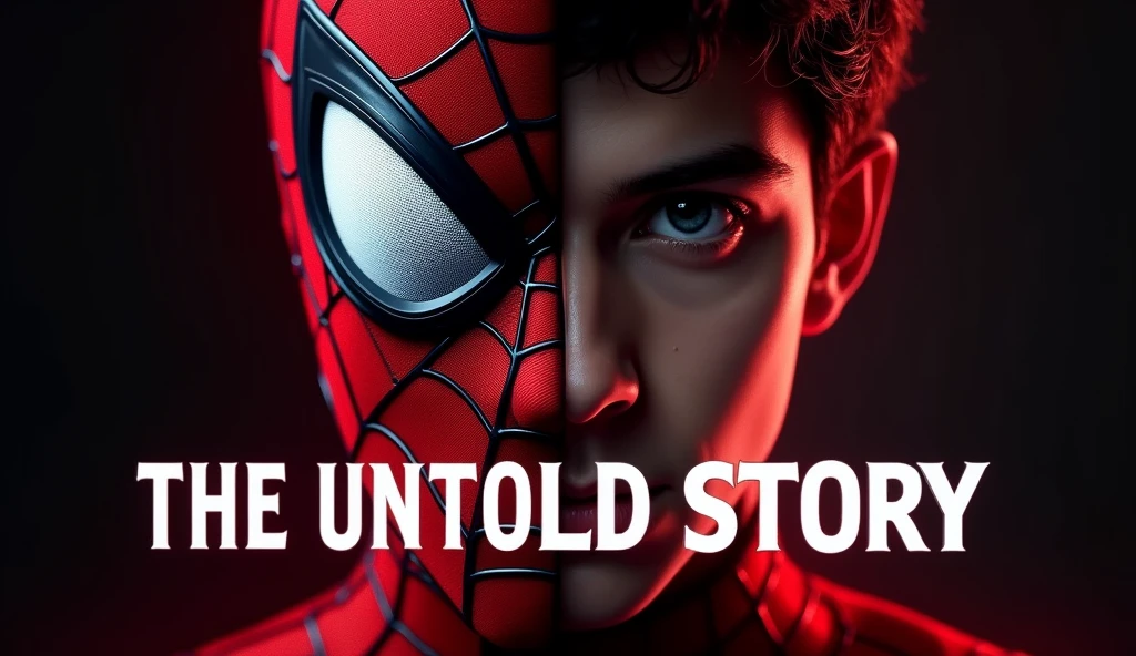 "prompt": "A YouTube thumbnail featuring a close-up of Spider-Man's face, split in half to reveal one side with the mask and the other side showing the unmasked, intense and focused face of the person behind the mask. The background is dark reds and blacks with dramatic shadows. The text 'The Untold Story' is in bold, white font with a subtle red glow, adding a sense of mystery and intrigue."