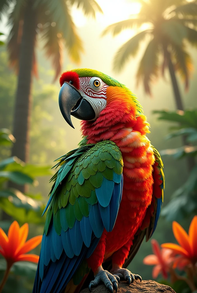 Parrot standing wearing glossy costume
