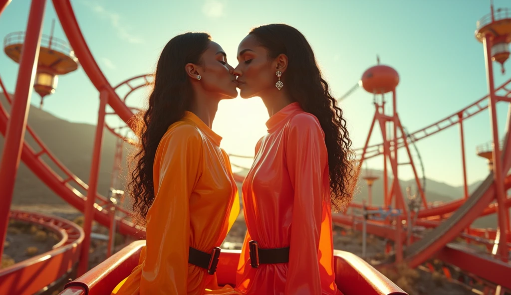 photo of two lewd sudanese jezebel joyful kissing each other in a roller coaster, roller coaster climax ride, sunny futuristic landscape, wearing a glamorous latex blouse with mirroring reflective headscarf and liquid-lacquered leggings, uploaded to instagram