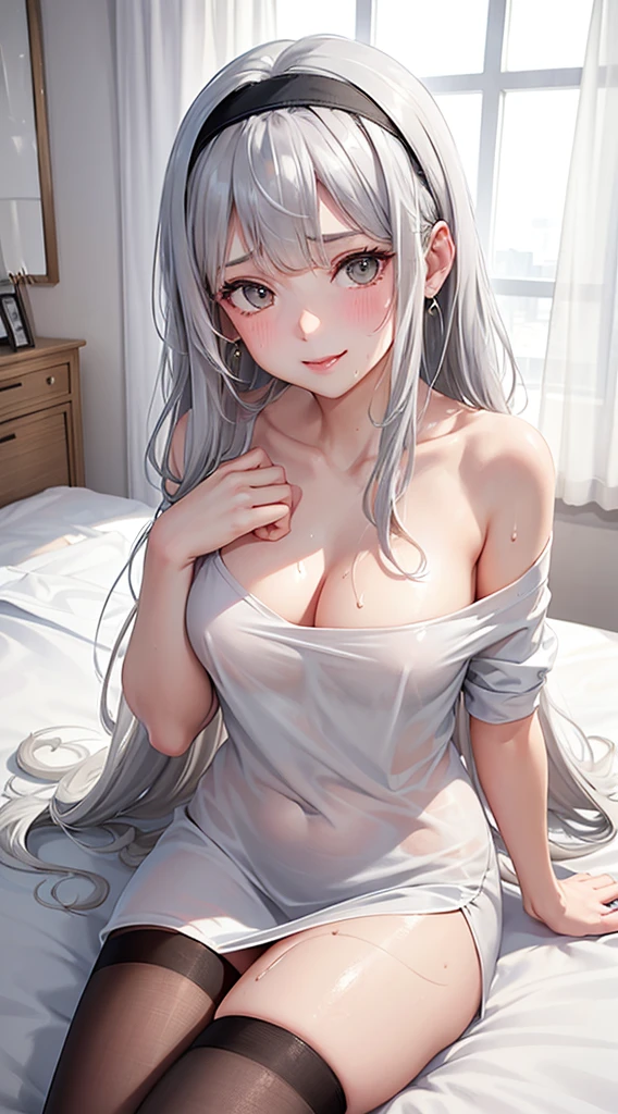 1Girl, 24 years old, Solo, Anime, Ideal body, (Cleavage, (Small breast:1.1), (Hard nipple). Beautiful, Gorgeous, Fresh, Flesh, Blunt Bangs, (White Grey Hair:1.5),(Straight and Wavy Long Hair:1.3), (colorful cloth:1.2), (random cloth:1.2), casual shirt, casual dress, casual skirt, camisoles, cotton texture, laced cloth, casual pants, stocking, pantyhose, Off-Shoulder cloth, Oversize, Comfort, Loose shirt, Fabric Texture. (Pose on bed:1.3). Earrings, Thin Black Headband, Green Accessories, Environmental Details, Bed Room, Natural Light, Modern Bed, Chair, Window, White Curtain, City View. pov, anime style, UHD, retina, masterpiece, accurate, anatomically correct, textured skin. High Resolution, Looking at the viewer, Blush, Best Quality, Award Winning, Accurate, Embarrassed, seductive smile, sweating, Naughty Face, Chin up, lips open, Gradient Eye Color, Sexy Pose. In the top view shot, in front of a camera, looking up to the viewer, licking lips. From Above, (sticky goo on breast), (goo on body), (sweating).