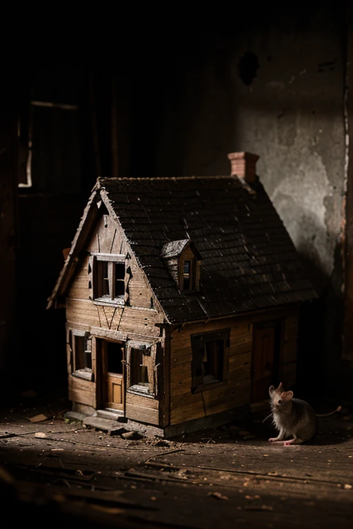 An old house with a little mouse peeking out from a dark corner.