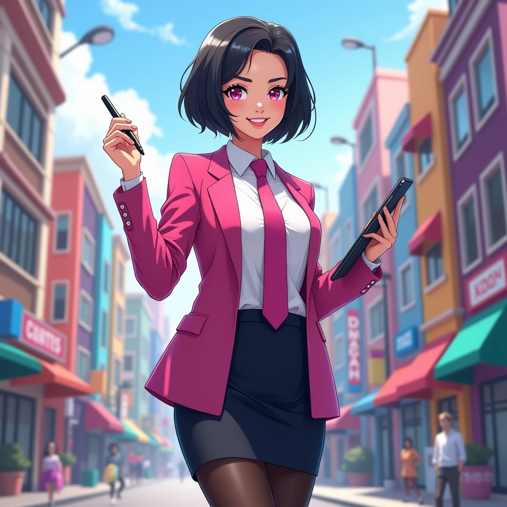 The young woman short black hair and pink eyes wear a pink suit, white shirt, magenta necktie, black pencil skirt, black underpants, black tights, black socks, adidas white sneakers.

She wears the glasses, Her left hand holds a tablet, Her right hand holds a black pen of tablet, Her eyes are dazzled and smiled, cartoon anime, 4K, HD