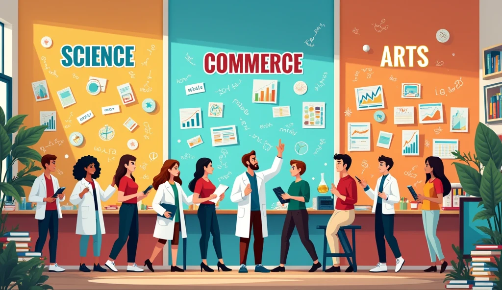10th ke baad hamare pass 3 option hote hai science Commerce Arts animation create karo jisme science Commerce Arts text me likha ho