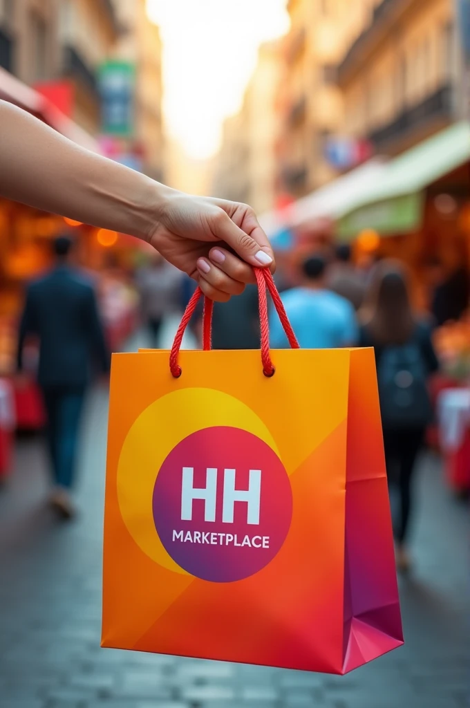 A hand holding a shopping bag with logo HH MARKETPLACE down view