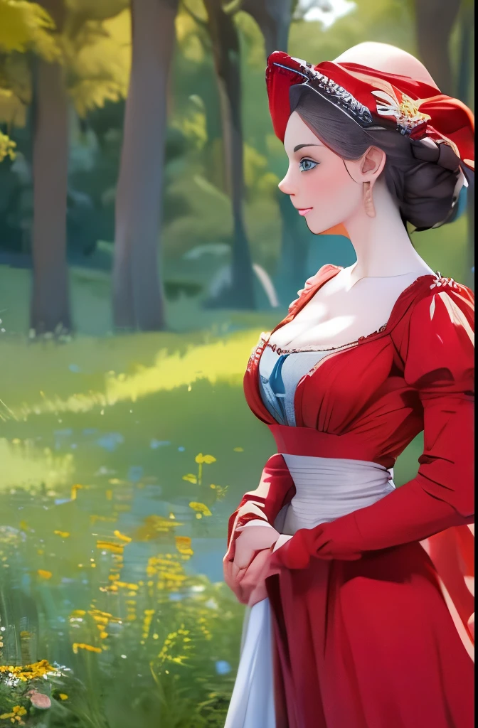 there is a woman in a dress posing for a picture, inspired by Thomas Stothard, on set, inspired by Sophie Pemberton, eleanor tomlinson, christina hendricks, in a red victorian era dress, inspired by Eleanor Vere Boyle, perdita weeks!, as a medieval fantasy character, inspired by Lydia Field Emmet, inspired by Konstantin Somov, wearing elegant tudor clothes