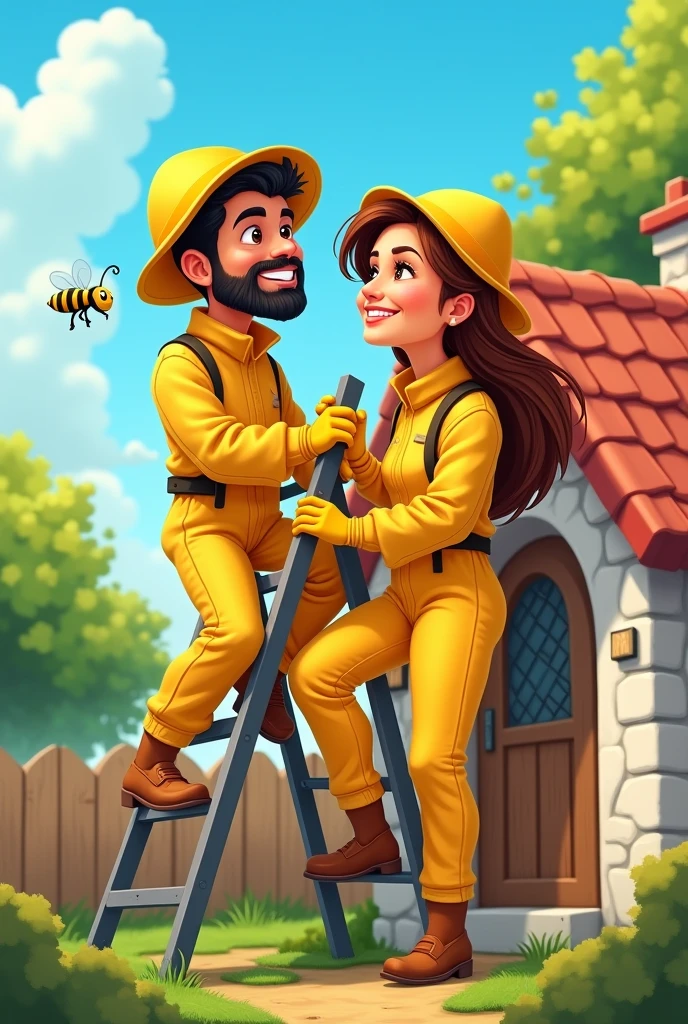 the image must have a cartoon style, with u Generate an image of two beekeepers, one man and one woman, in yellow beekeeping clothing, the man must be young and have a black beard, eyes black e tom de pele branca
, Lebanese traits , black short hair, eyes black, small-nose, the woman must have brown hair and European features, com olhos castanhos, removing bees from a house, using safety equipment, beekeeping mask, gloves and removing a bee hive that is near the roof of a house