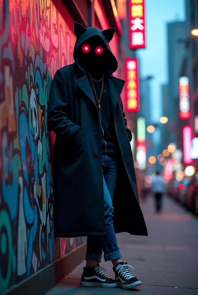 Make a picture of a man in a black overcoat, jeans, and tennis. The coat has a black hood with cat ears and where the eyes would be there is pitch black and two red orbs as eyes.. He is a playful guy but he is a mercenary.
