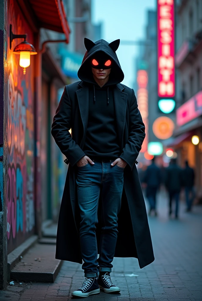 Make a picture of a man in a black overcoat, jeans, and tennis. The coat has a black hood with cat ears and where the eyes would be there is pitch black and two red orbs as eyes.. He is a playful guy but he is a mercenary.