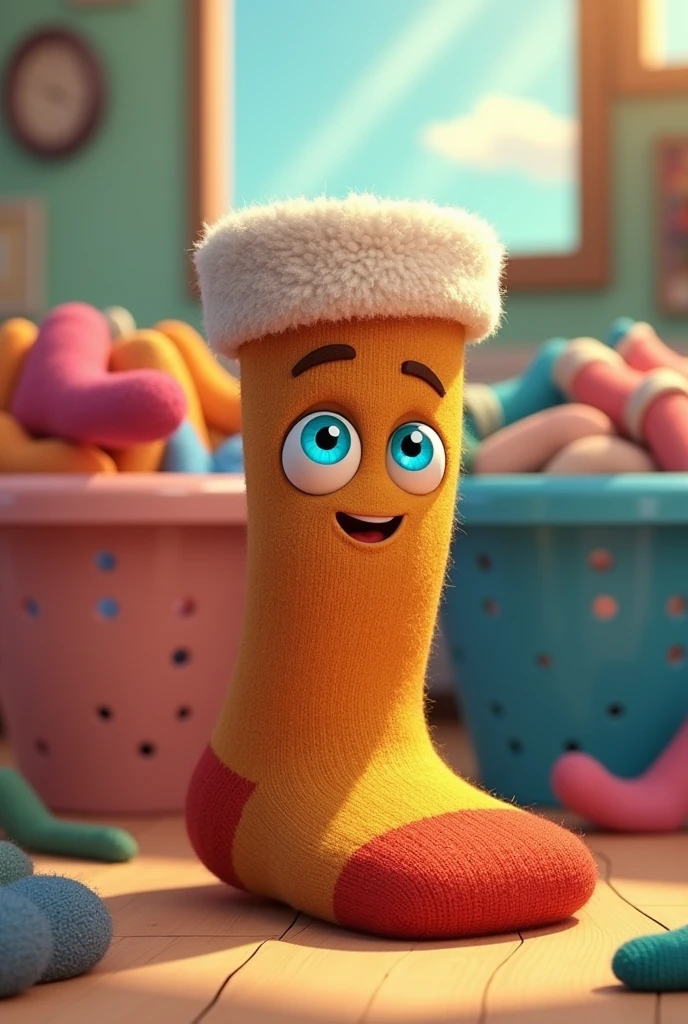 A brown sock with blue eyes and shaped like a sock, animated cartoon, that has no human or animal form