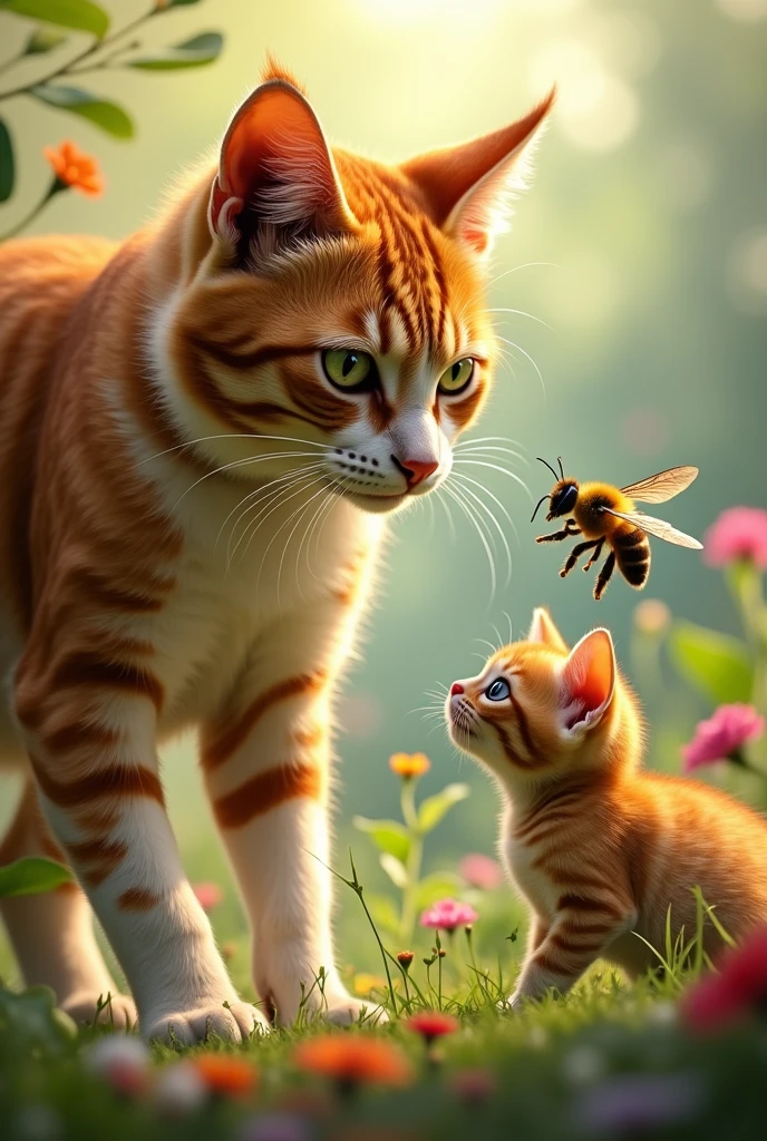 A brave, muscular father cat with orange and white fur and sharp green eyes stands protectively in front of the kitten. Bee vs father cat hand to hand fighting 