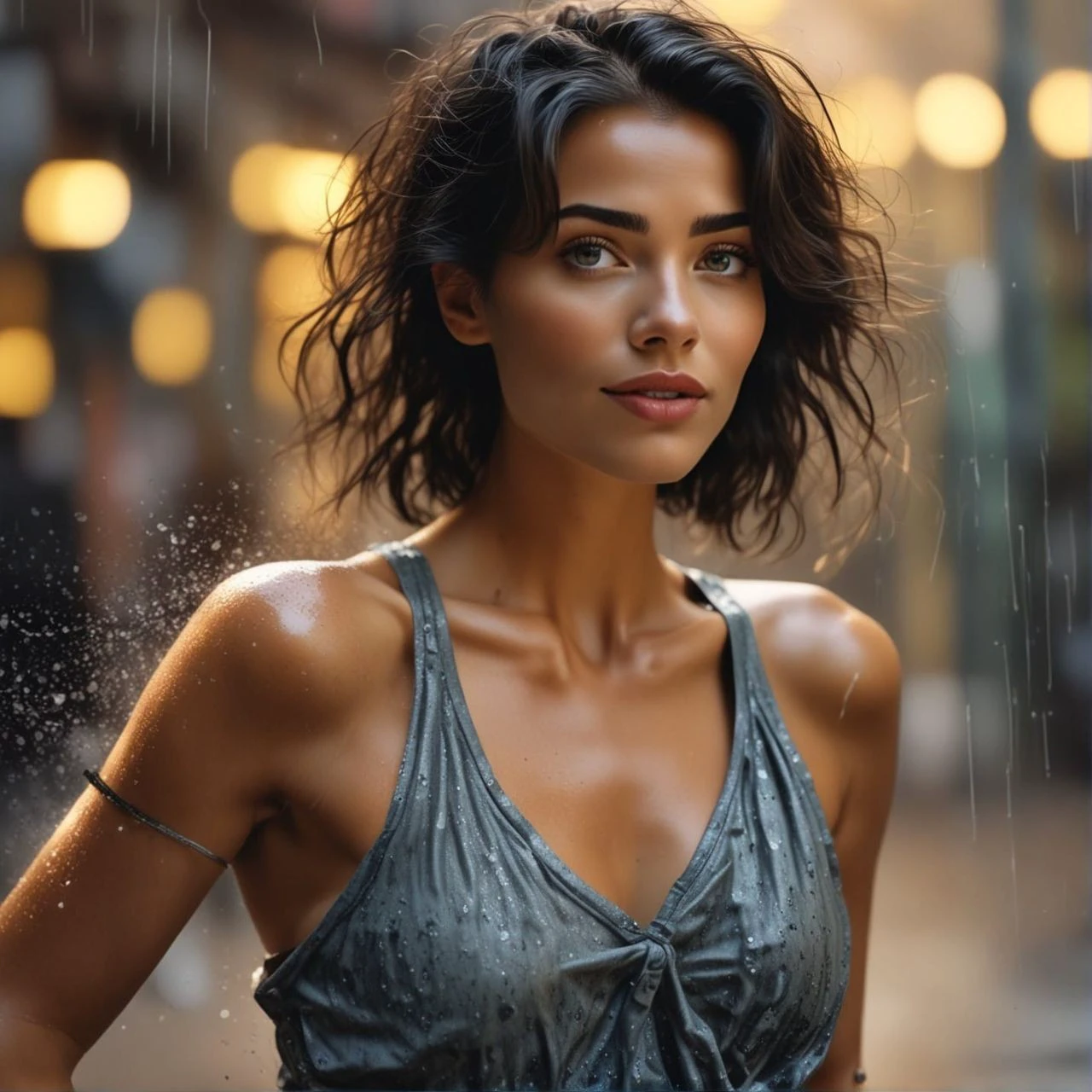 Create full body image, wearing white denim shorts, newyork street, rainy and windy